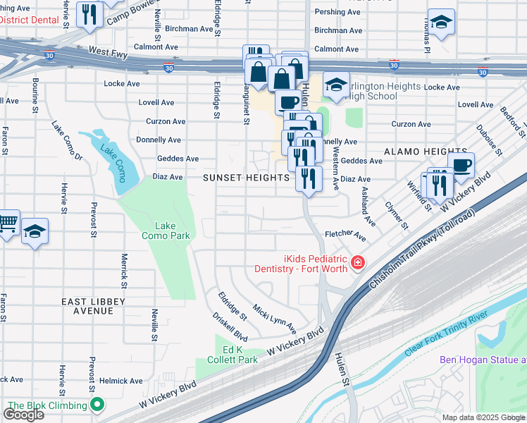 map of restaurants, bars, coffee shops, grocery stores, and more near 4712 Wellesley Avenue in Fort Worth