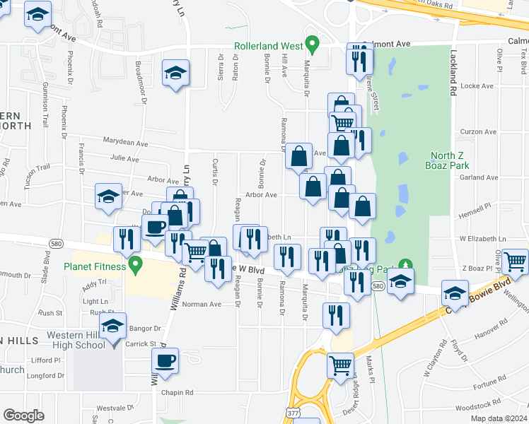 map of restaurants, bars, coffee shops, grocery stores, and more near 3217 Bonnie Drive in Fort Worth