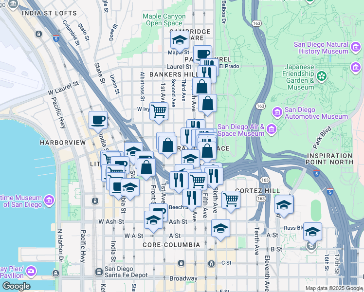map of restaurants, bars, coffee shops, grocery stores, and more near 1922-1934 Third Avenue in San Diego