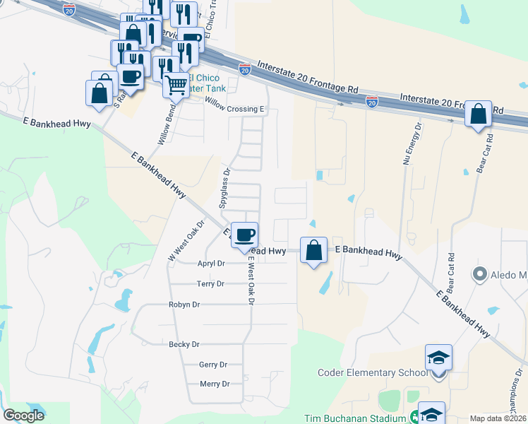 map of restaurants, bars, coffee shops, grocery stores, and more near 454 Spyglass Dr in Willow Park