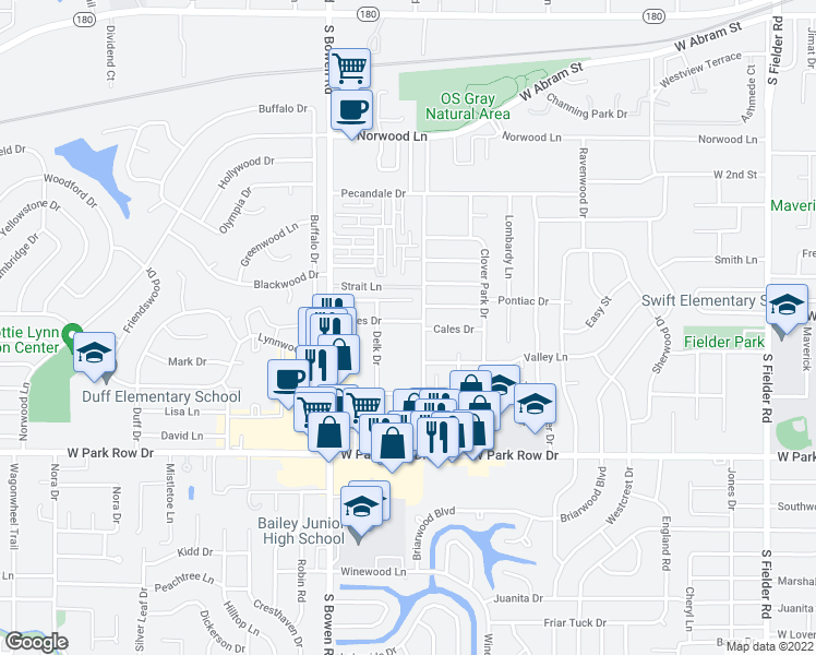 map of restaurants, bars, coffee shops, grocery stores, and more near 2308 Cales Drive in Arlington
