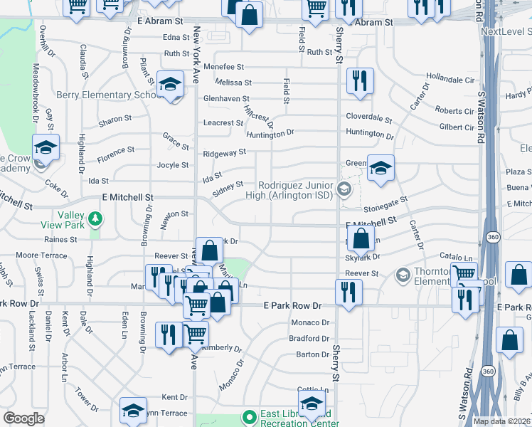 map of restaurants, bars, coffee shops, grocery stores, and more near 807 Hillcrest Drive in Arlington