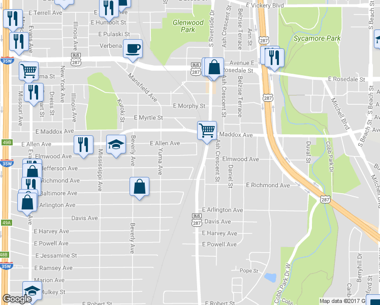 map of restaurants, bars, coffee shops, grocery stores, and more near 1459 Elmwood Avenue in Fort Worth
