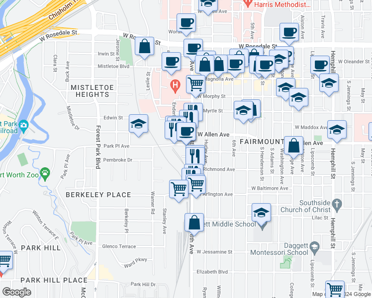 map of restaurants, bars, coffee shops, grocery stores, and more near 1601 Park Place Avenue in Fort Worth