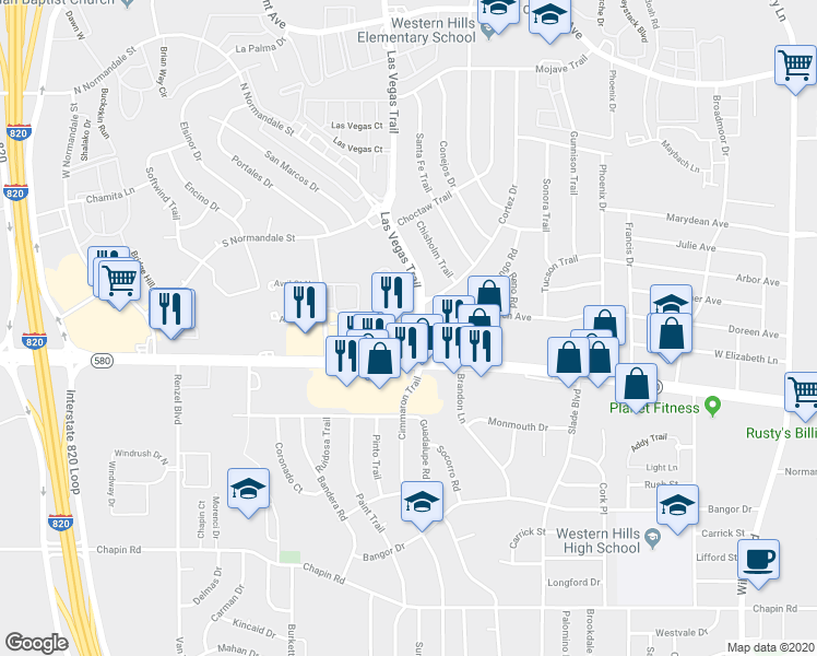 map of restaurants, bars, coffee shops, grocery stores, and more near 3220 Las Vegas Trail in Fort Worth