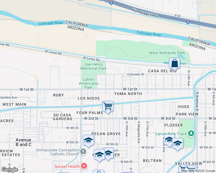 map of restaurants, bars, coffee shops, grocery stores, and more near 2192 West 1st Street in Yuma