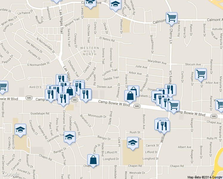 map of restaurants, bars, coffee shops, grocery stores, and more near 8313 Doreen Ave in Fort Worth
