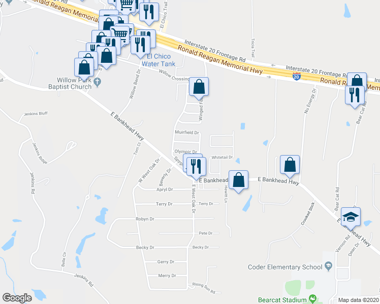 map of restaurants, bars, coffee shops, grocery stores, and more near 101 Olympic Drive in Willow Park