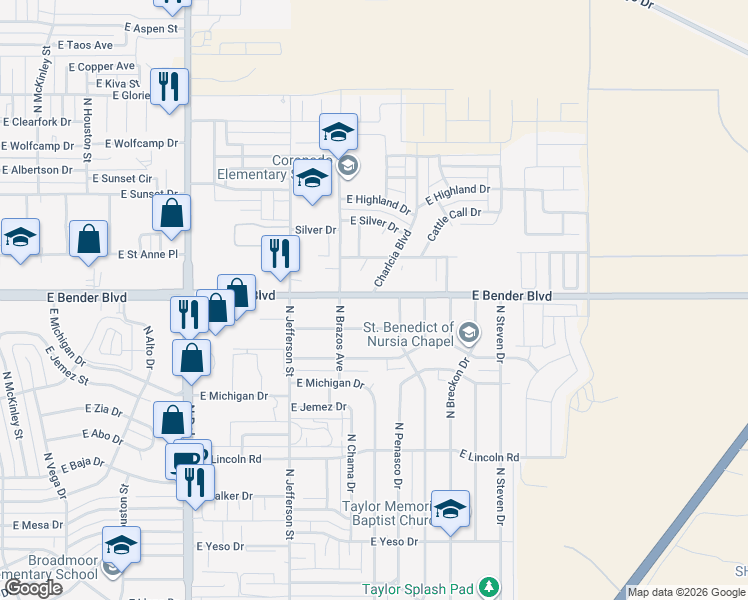 map of restaurants, bars, coffee shops, grocery stores, and more near 2227 North Gila Drive in Hobbs