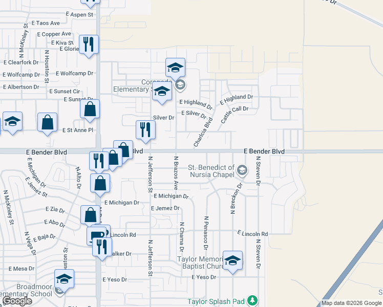 map of restaurants, bars, coffee shops, grocery stores, and more near 1315 East Bender Boulevard in Hobbs
