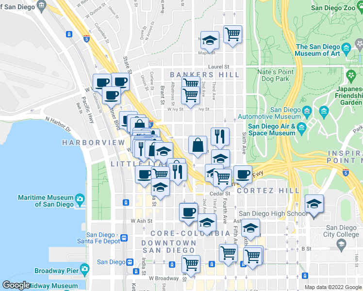 map of restaurants, bars, coffee shops, grocery stores, and more near 1924 Front Street in San Diego