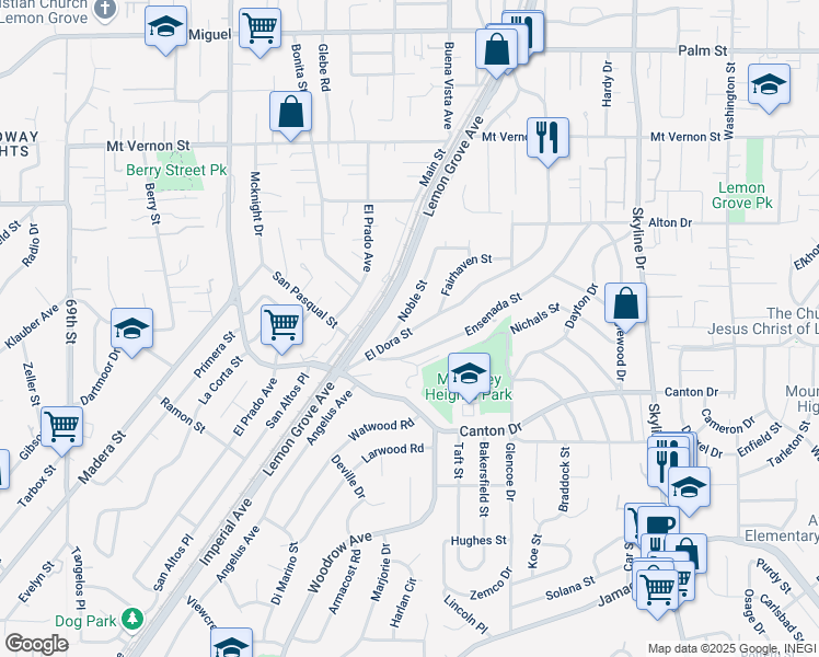 map of restaurants, bars, coffee shops, grocery stores, and more near 1840 El Dora Street in Lemon Grove