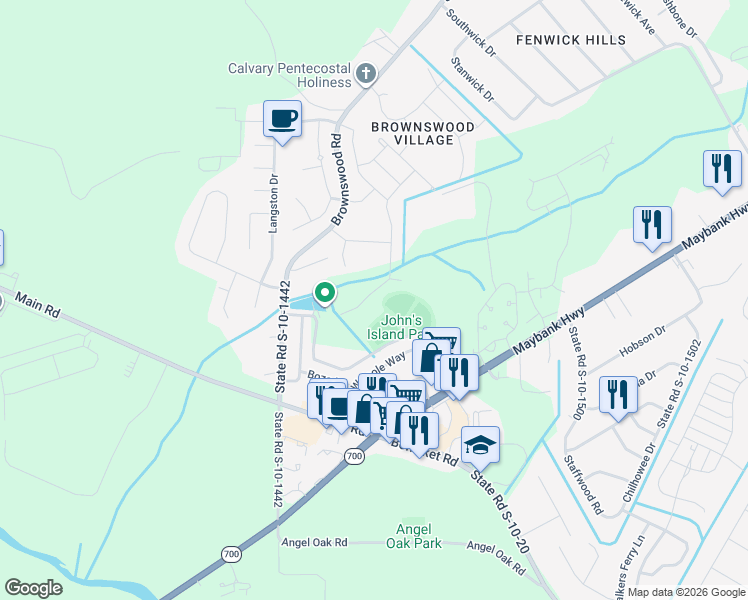 map of restaurants, bars, coffee shops, grocery stores, and more near 3462 Field Planters Road in Johns Island