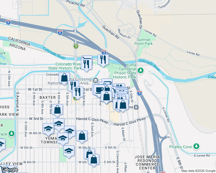 map of restaurants, bars, coffee shops, grocery stores, and more near 110 North Madison Avenue in Yuma