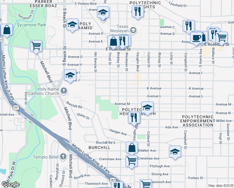 map of restaurants, bars, coffee shops, grocery stores, and more near 2921 Avenue L in Fort Worth