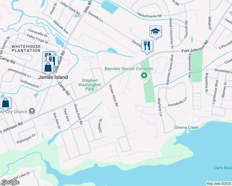 map of restaurants, bars, coffee shops, grocery stores, and more near 1128 Ocean View Road in Charleston