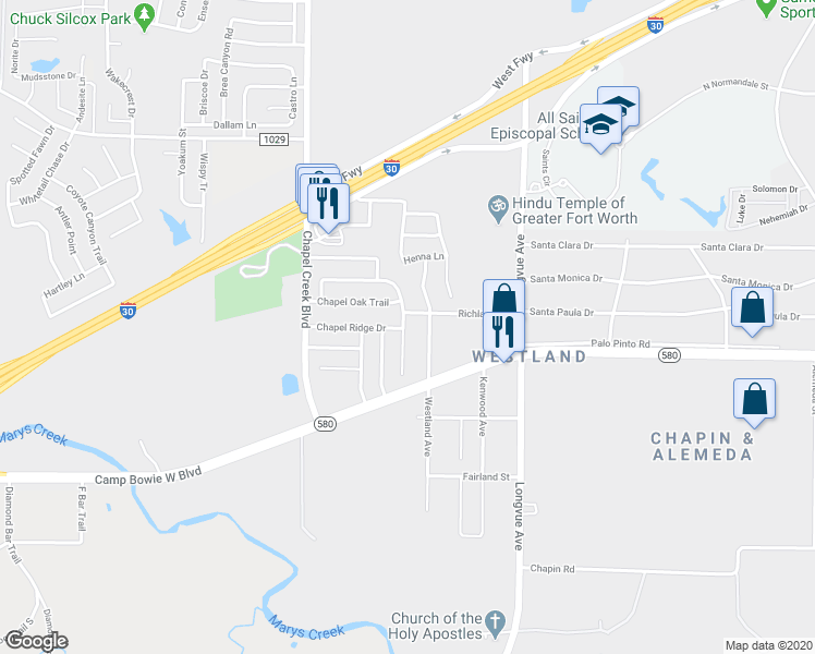 map of restaurants, bars, coffee shops, grocery stores, and more near 3309 Chapel Wood Court in Fort Worth