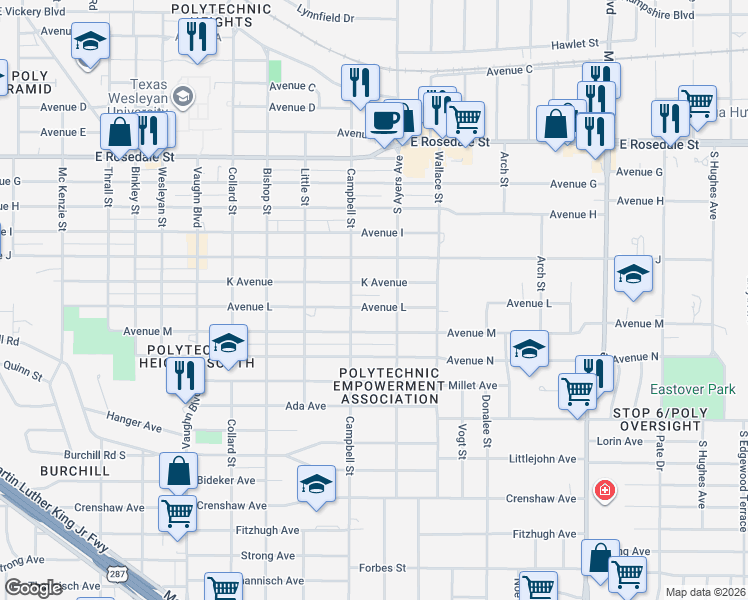 map of restaurants, bars, coffee shops, grocery stores, and more near 3621 Avenue L in Fort Worth