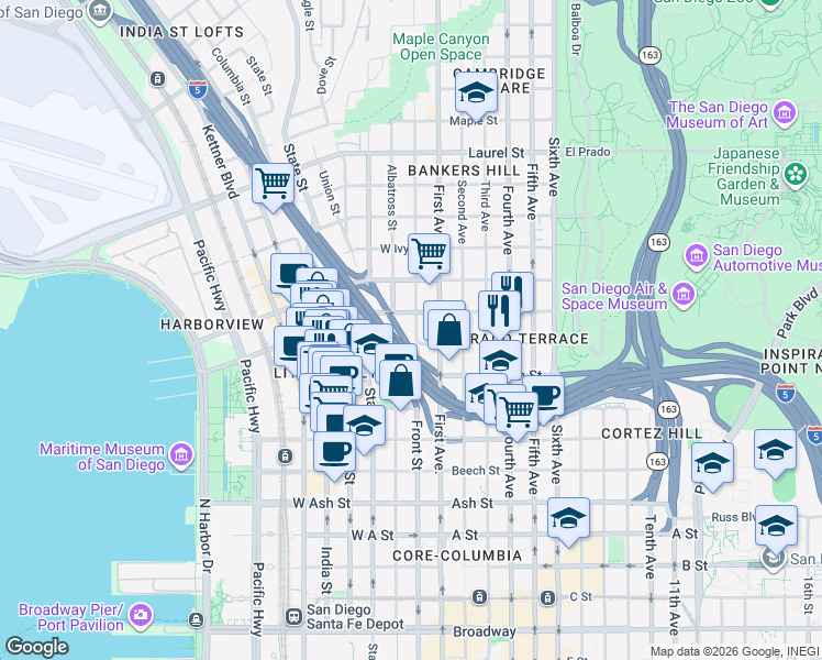 map of restaurants, bars, coffee shops, grocery stores, and more near 1924 Front Street in San Diego