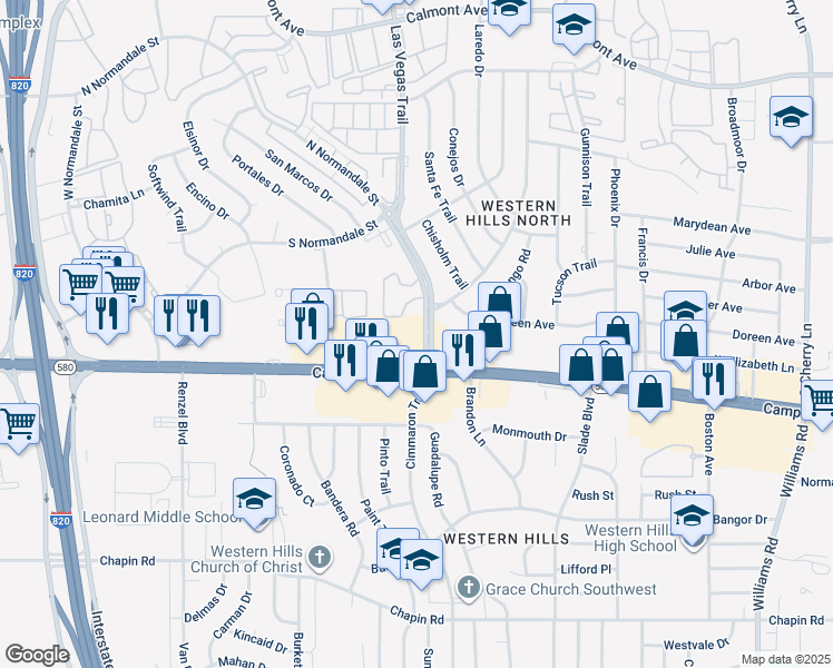 map of restaurants, bars, coffee shops, grocery stores, and more near 3322 Las Vegas Trail in Fort Worth