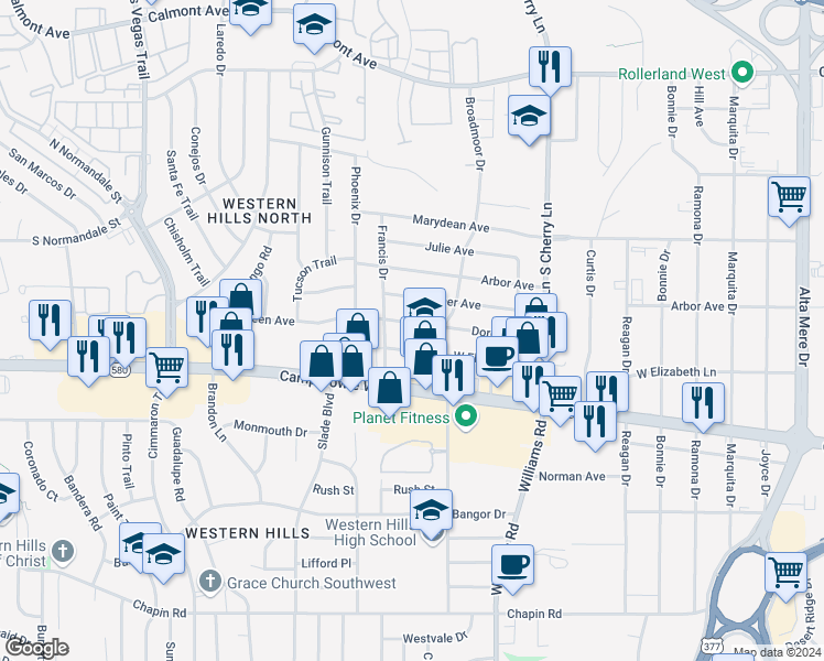 map of restaurants, bars, coffee shops, grocery stores, and more near 8117 Doreen Avenue in Fort Worth