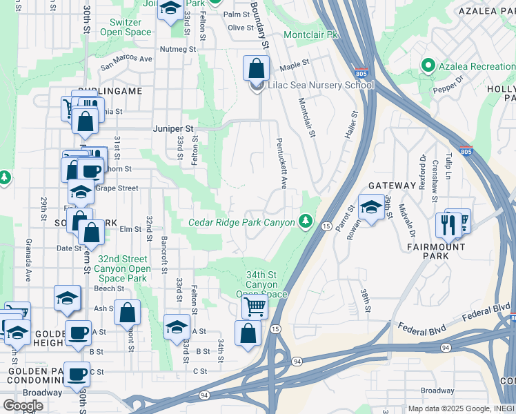 map of restaurants, bars, coffee shops, grocery stores, and more near 3450 Fir Street in San Diego