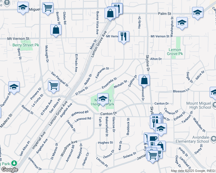 map of restaurants, bars, coffee shops, grocery stores, and more near 1953 Ensenada Street in Lemon Grove