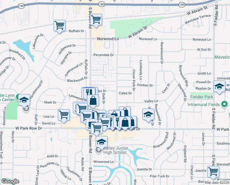 map of restaurants, bars, coffee shops, grocery stores, and more near 2308 Cales Drive in Arlington