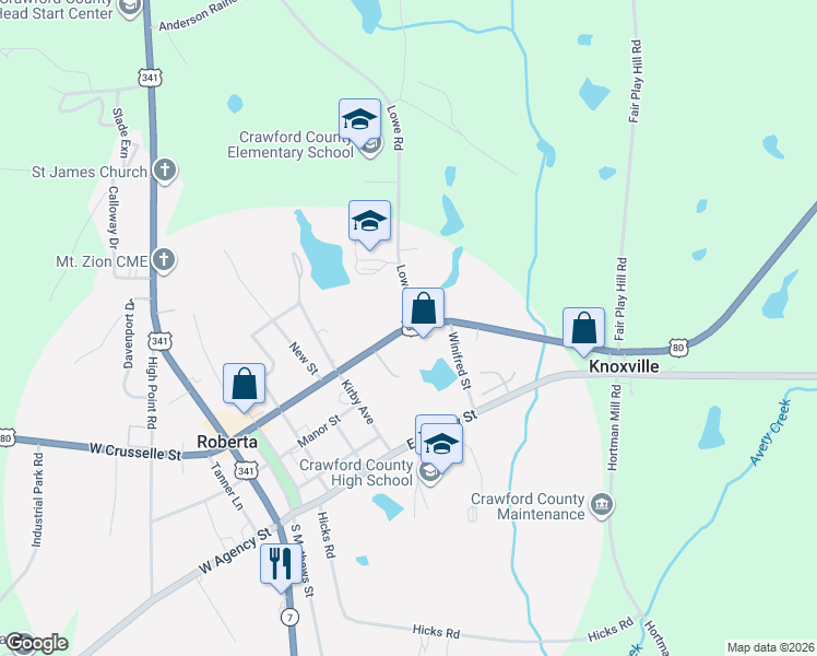 map of restaurants, bars, coffee shops, grocery stores, and more near 509 East Crusselle Street in Roberta