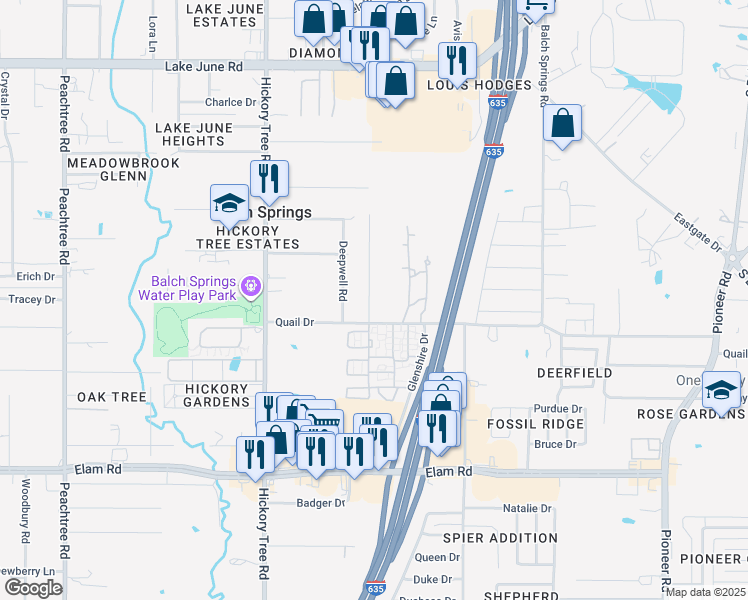 map of restaurants, bars, coffee shops, grocery stores, and more near 3204 Sherry Lane in Balch Springs