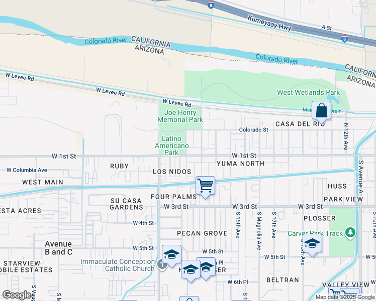 map of restaurants, bars, coffee shops, grocery stores, and more near 2270 West 1st Street in Yuma