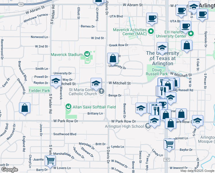 map of restaurants, bars, coffee shops, grocery stores, and more near 1111 South Davis Drive in Arlington