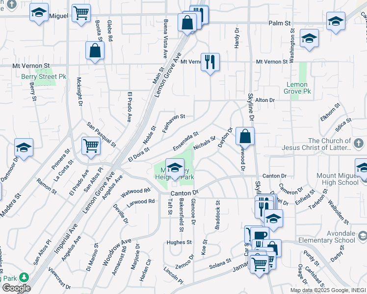 map of restaurants, bars, coffee shops, grocery stores, and more near 1953 Ensenada Street in Lemon Grove