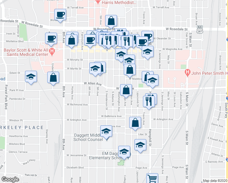 map of restaurants, bars, coffee shops, grocery stores, and more near 1709 South Adams Street in Fort Worth