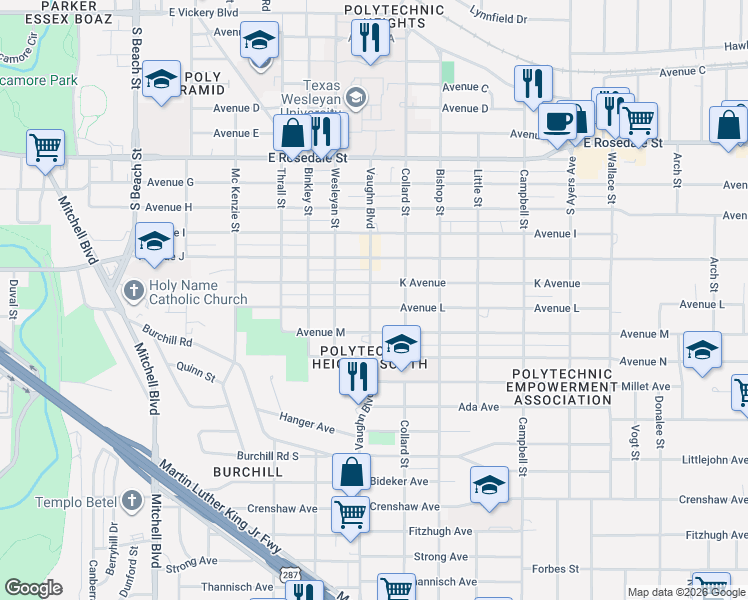 map of restaurants, bars, coffee shops, grocery stores, and more near 3201 Avenue L in Fort Worth