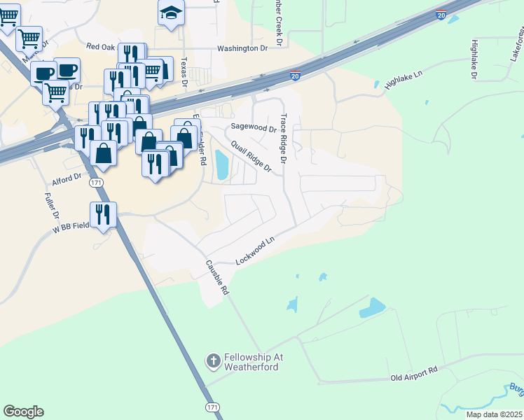 map of restaurants, bars, coffee shops, grocery stores, and more near 413 Escondido Street in Weatherford