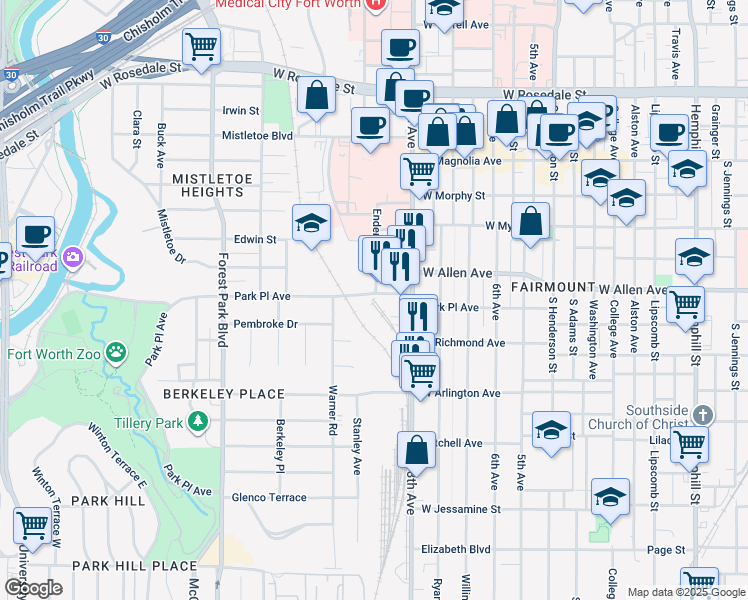 map of restaurants, bars, coffee shops, grocery stores, and more near 1635 Park Place Avenue in Fort Worth