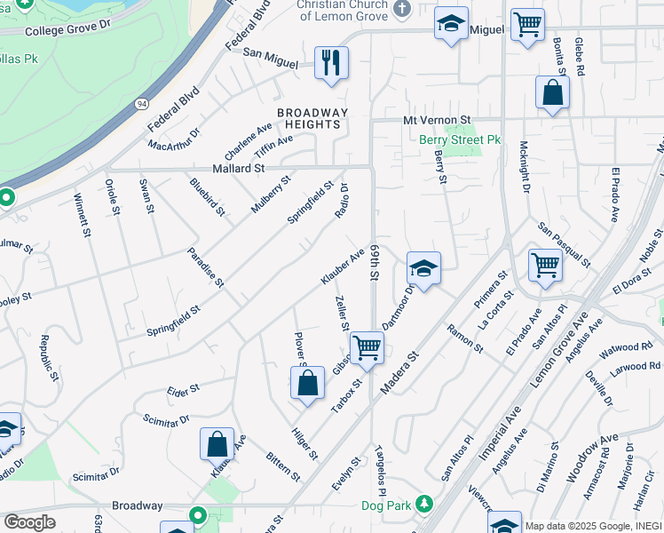 map of restaurants, bars, coffee shops, grocery stores, and more near 1912 Klauber Avenue in San Diego