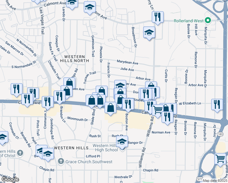 map of restaurants, bars, coffee shops, grocery stores, and more near 8127 Doreen Avenue in Fort Worth