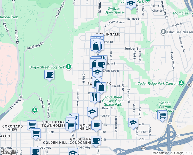 map of restaurants, bars, coffee shops, grocery stores, and more near 2969 Fir Street in San Diego