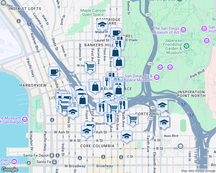 map of restaurants, bars, coffee shops, grocery stores, and more near 300 Fir Street in San Diego