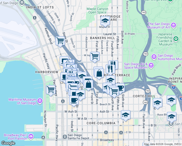 map of restaurants, bars, coffee shops, grocery stores, and more near 1924 Front Street in San Diego