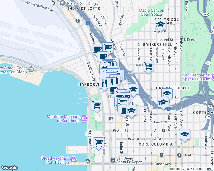 map of restaurants, bars, coffee shops, grocery stores, and more near 949 West Hawthorn Street in San Diego
