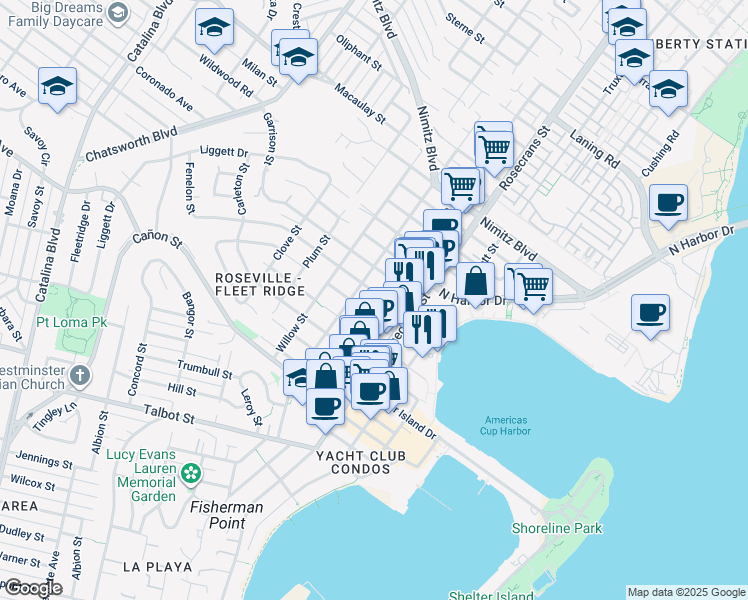 map of restaurants, bars, coffee shops, grocery stores, and more near 3130 Emerson Street in San Diego