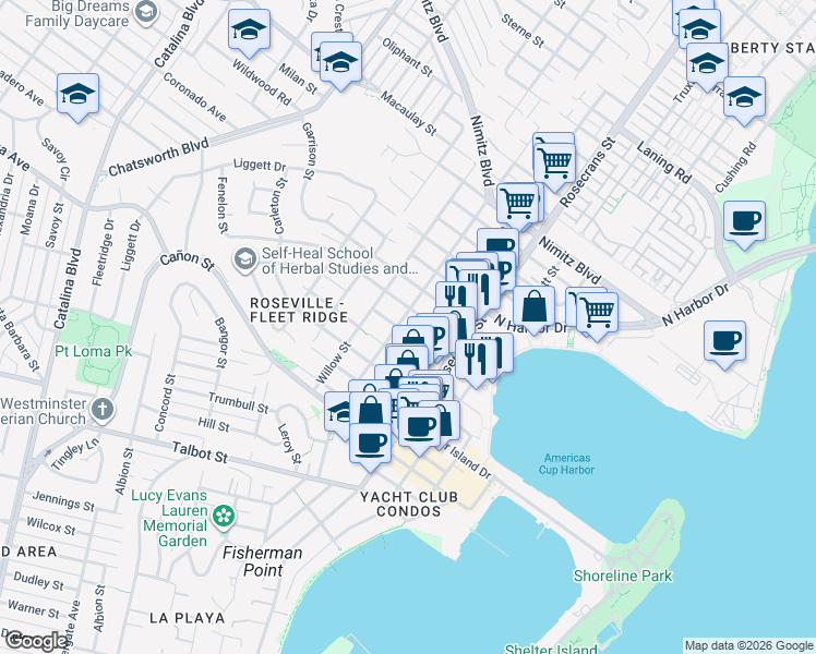 map of restaurants, bars, coffee shops, grocery stores, and more near 3130 Emerson Street in San Diego