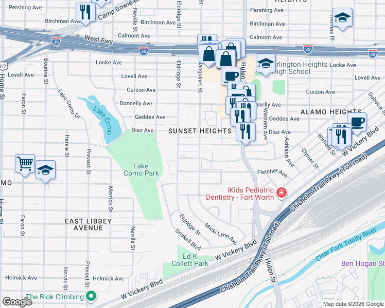 map of restaurants, bars, coffee shops, grocery stores, and more near 4808 Wellesley Avenue in Fort Worth