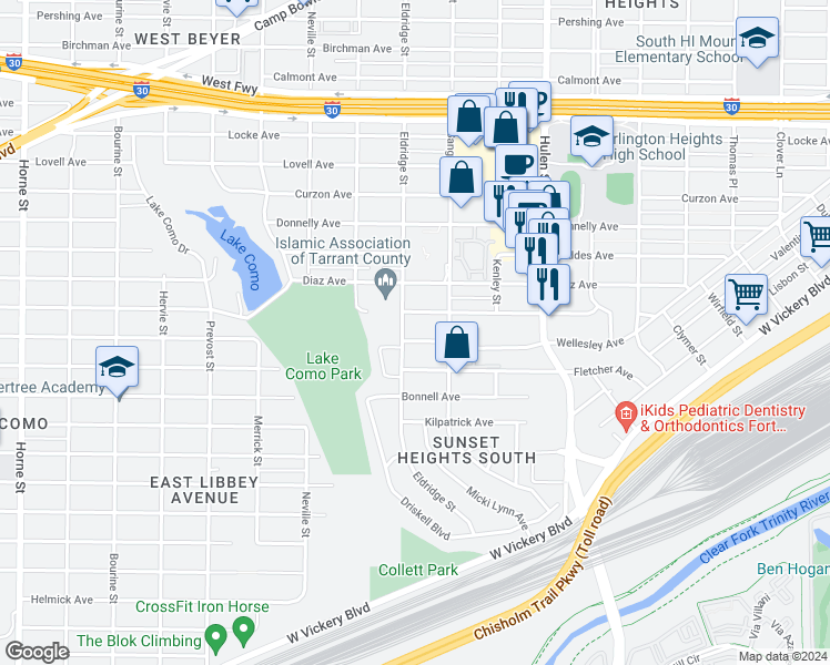 map of restaurants, bars, coffee shops, grocery stores, and more near 3518 Eldridge Street in Fort Worth
