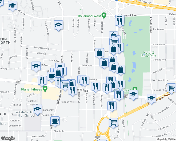 map of restaurants, bars, coffee shops, grocery stores, and more near 3217 Bonnie Drive in Fort Worth