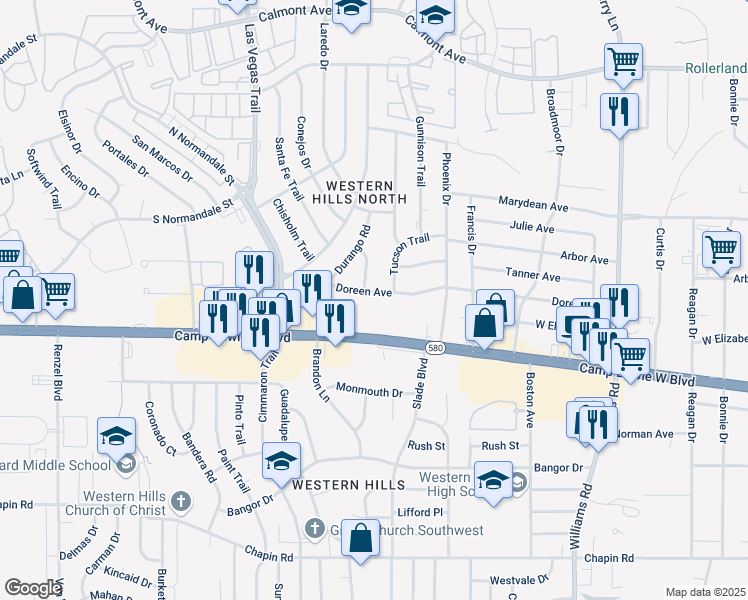 map of restaurants, bars, coffee shops, grocery stores, and more near 8401 Doreen Avenue in Fort Worth
