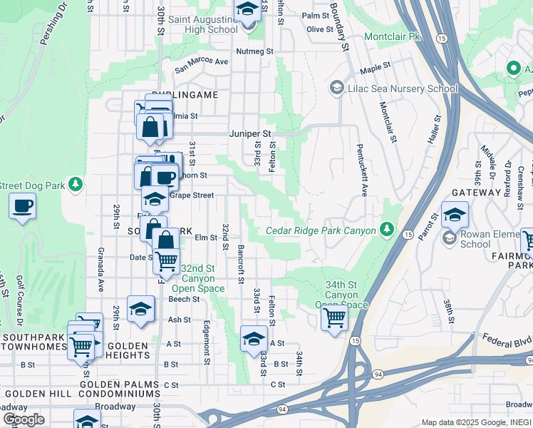map of restaurants, bars, coffee shops, grocery stores, and more near 3330 Fir Street in San Diego